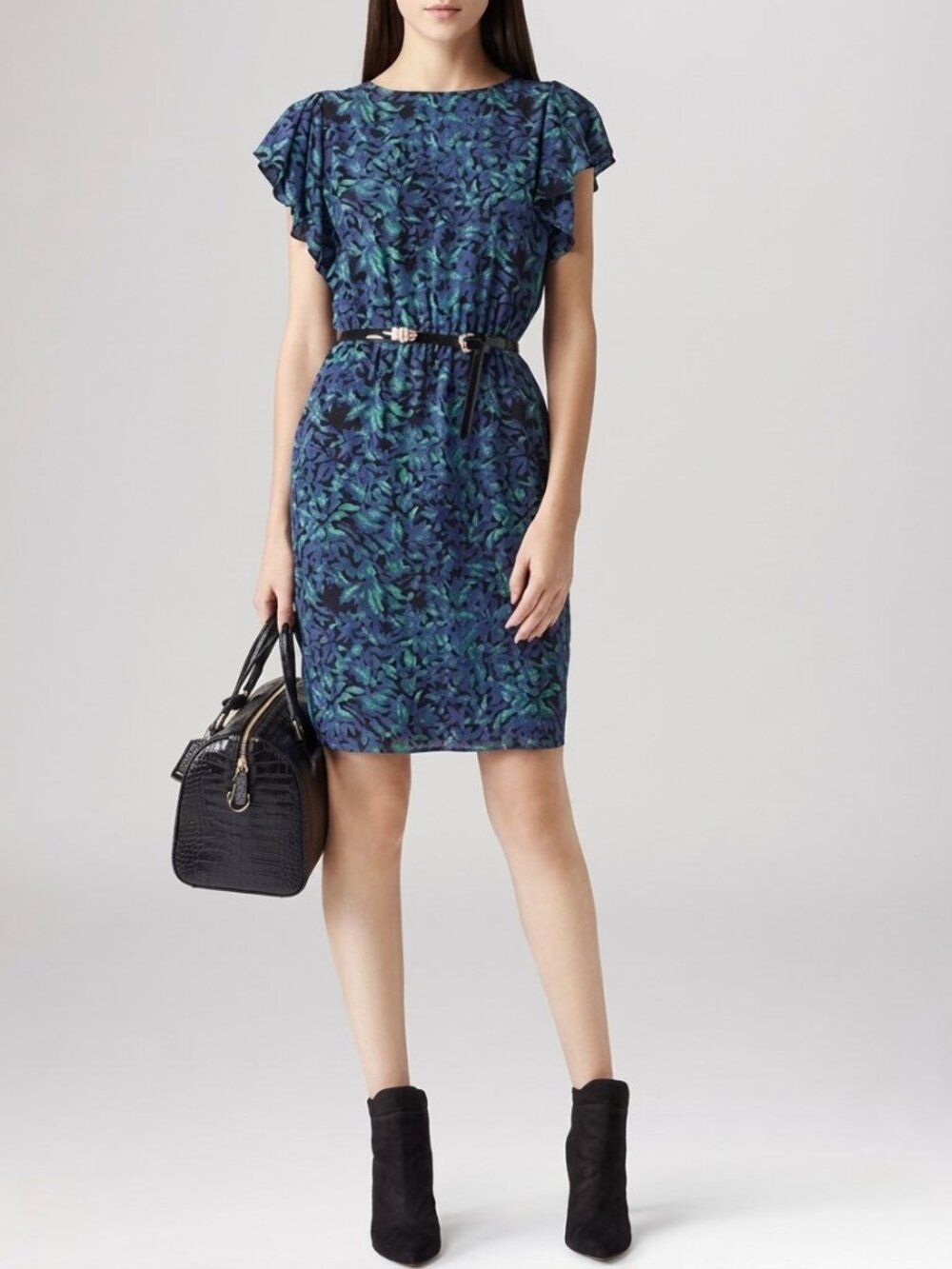 Reiss Blue Silk Dress Garland Autumn Leaf Mini Flutter Sleeve Sheath Size 8